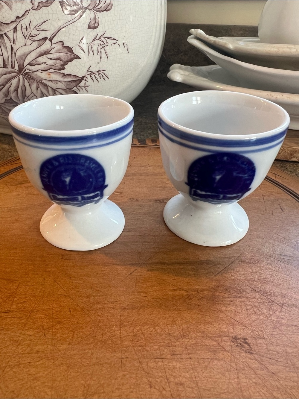 Set of 2 Flow Blue Denver & Rio Grande Railroad EGG CUPS Trains ADVERTISING